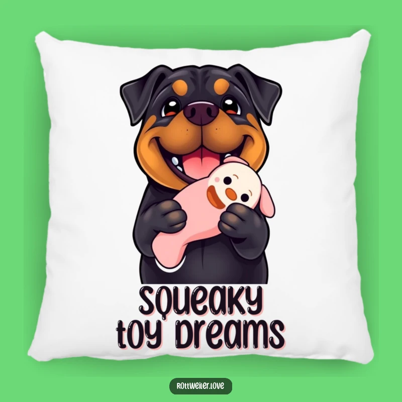 Funny Rottweiler Pillow: Cozy Smile, Squeaky Toy, Adorable Dog Decor!