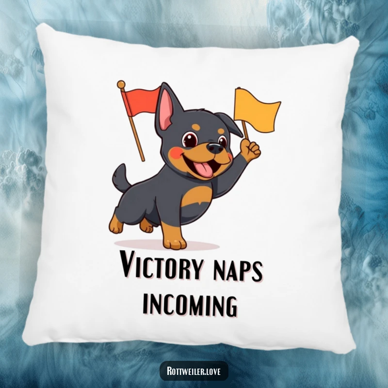 Funny Rottweiler pillow featuring an energetic dog waving a small, colorful flag, offering plush comfort and spirited humor.