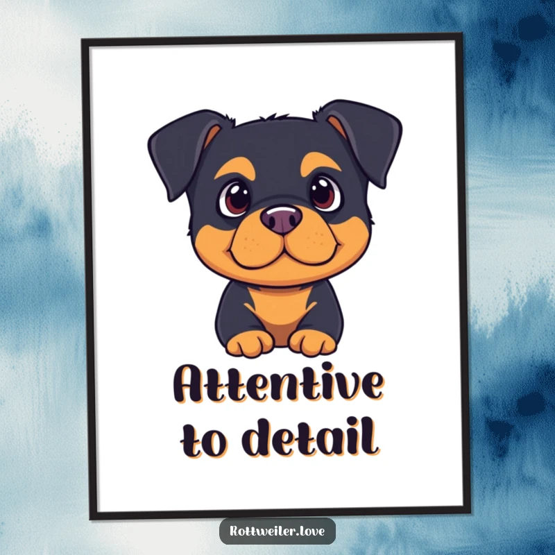 Cute rottweiler with ears perked, listening intently in this high-resolution digital art print, ready for download.