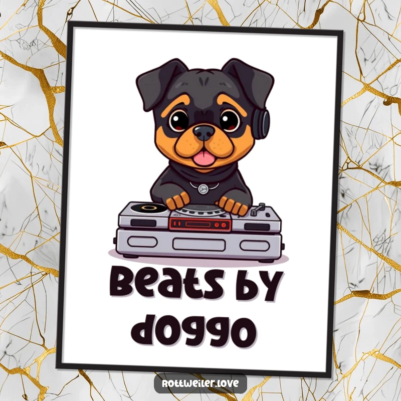 Funny Rottweiler digital art print of a Rottweiler DJ wearing headphones, mixing on tiny turntables. High-resolution download.