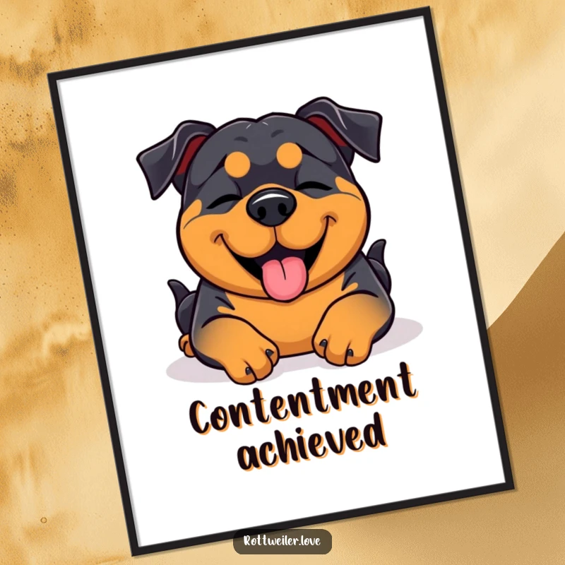 Funny Rottweiler dog blissfully receiving a belly rub with closed eyes, available as a digital art print.