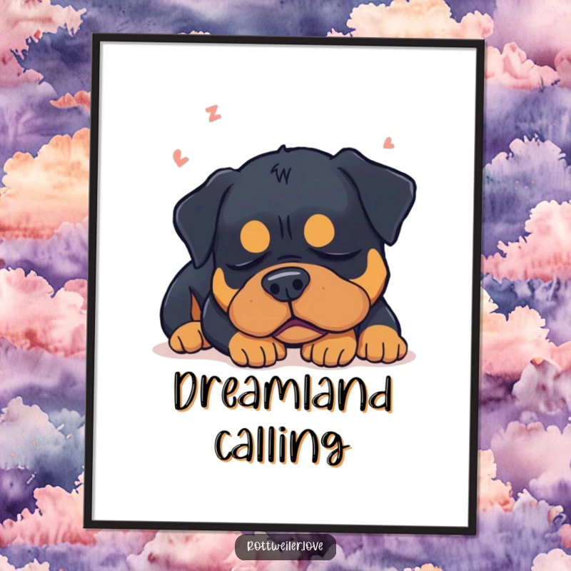 Funny sleepy Rottweiler dog dreaming, conveying peaceful slumber humor as a digital art print.