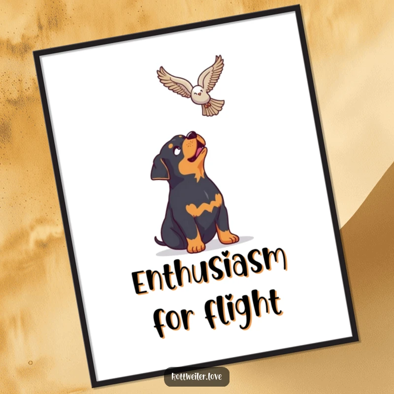 Funny Rottweiler Digital Art Print of a dog looking up with enthusiasm at a soaring bird, capturing a moment of pure outdoor magic.
