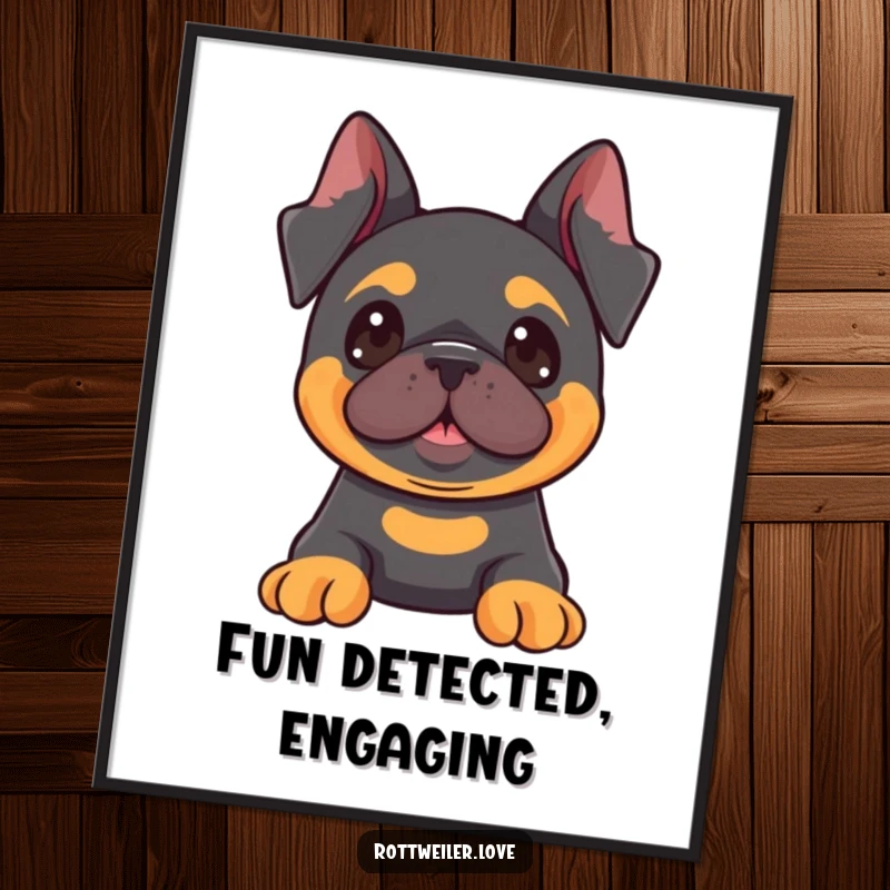 Funny Kawaii Rottweiler digital art print of a dog with perked ears looking attentively at something fun, perfect for printing.