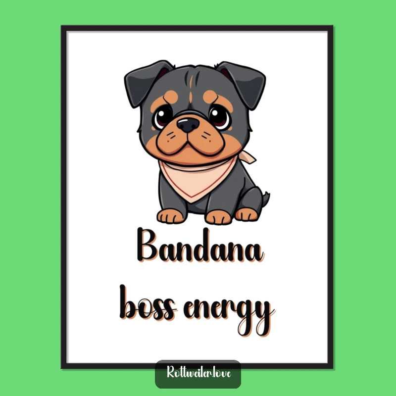 Funny Kawaii Rottweiler Bandana Digital Art, Cute Dog Printable Wall Decor, Puppy Gift