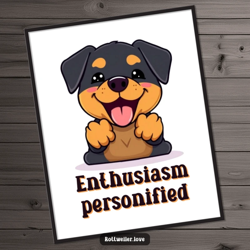 Funny Kawaii Rottweiler Digital Art Print of an enthusiastic dog barking with front paws raised, perfect for instant cheerful decor.