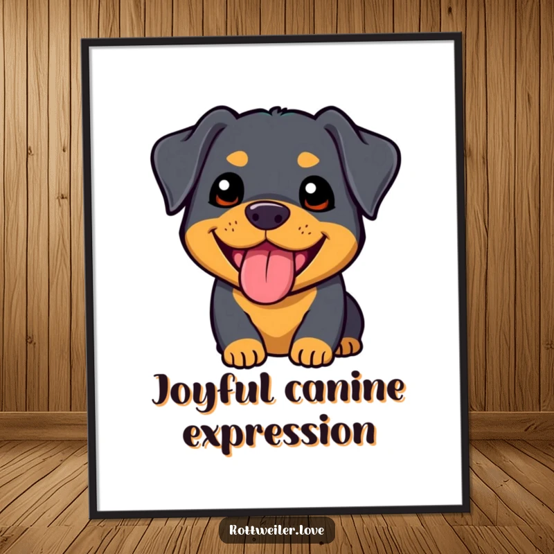 Funny kawaii rottweiler digital art print of an extremely cute dog with a happy panting expression, bringing cheerful vibes.