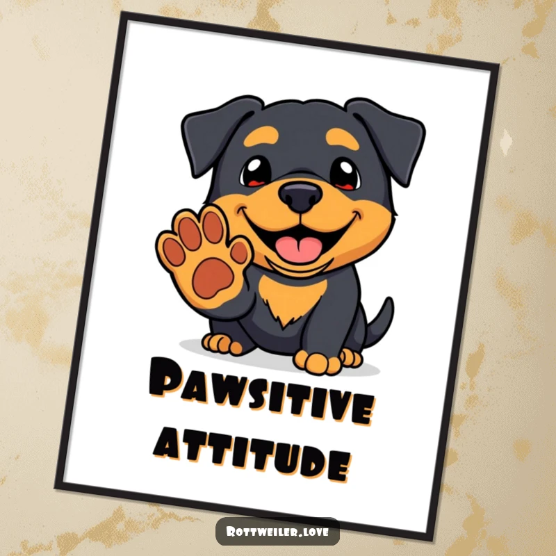 Funny kawaii rottweiler digital art print with a friendly grin offering a paw, perfect for adorable and humorous decor.
