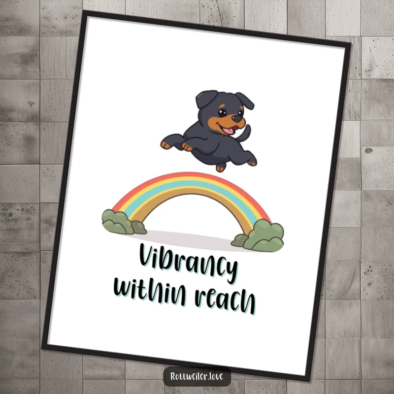 Funny Rottweiler dog leaping over a rainbow bridge, conveying heartwarming pet memorial humor as a digital art print.