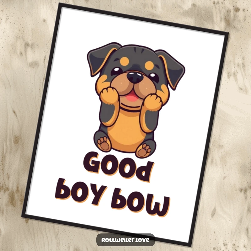Funny digital art print of a Rottweiler in a playful bow, ideal for humorous digital displays.