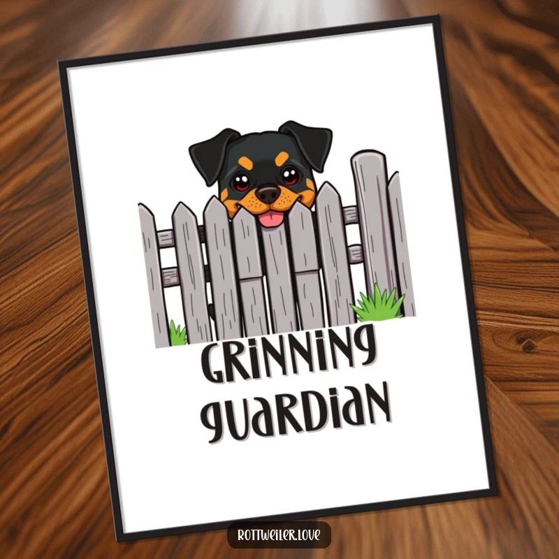 Funny Rottweiler Digital Art: A Rottweiler with a cheeky grin peeks from behind a fence, a playful guardian.