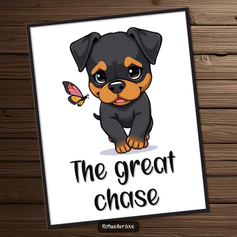 Funny Rottweiler digital art print of a determined dog chasing a butterfly, ready for instant download and inspiring wall decor.
