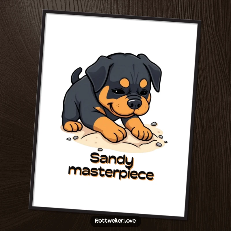 Funny Rottweiler digital art print showing a dog playfully digging in sand, capturing a moment of pure, uninhibited fun.