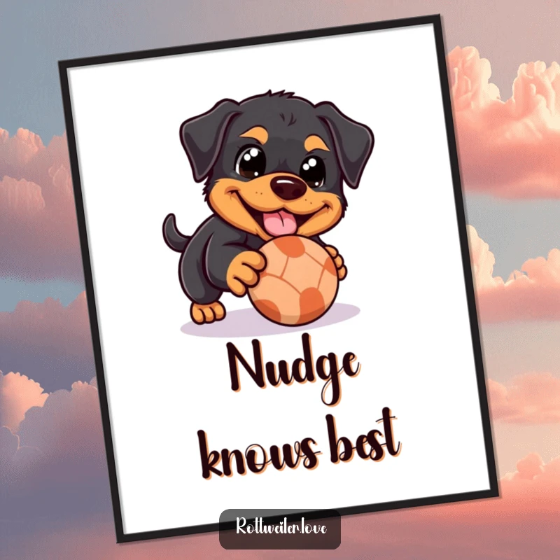 Funny Rottweiler digital art print of a dog with happy eyes playfully nudging a rolling ball, capturing sweet innocence and playful interaction.