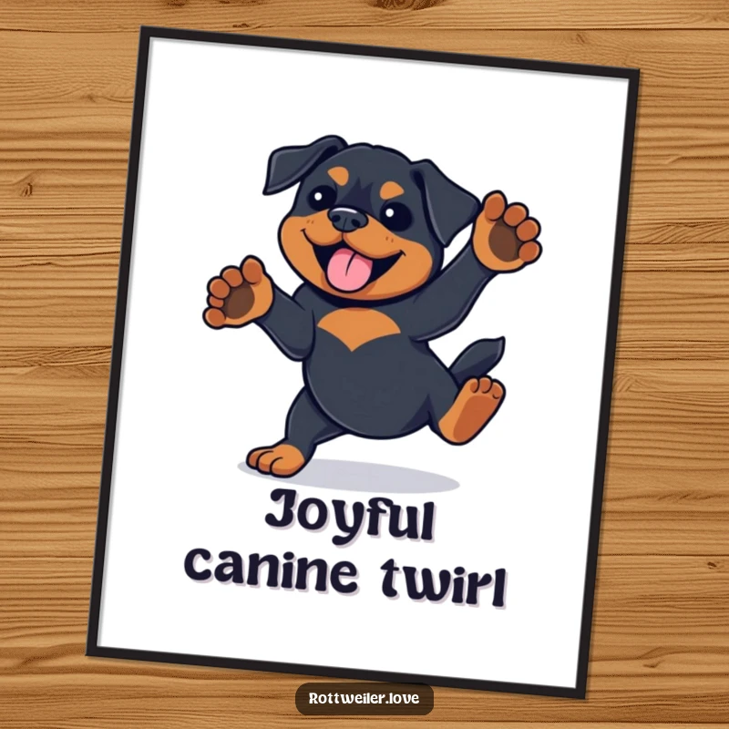 Funny Rottweiler dog doing a playful spin with paws in the air, available as a digital art print.