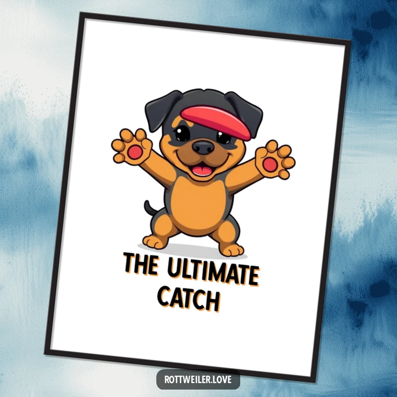 Funny Rottweiler Digital Art Print of a dog with paws ready to catch a frisbee, embodying athletic fun.