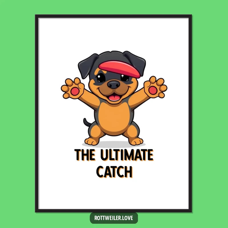 Funny Rottweiler Digital Art: Printable Dog Gift Catching Frisbee