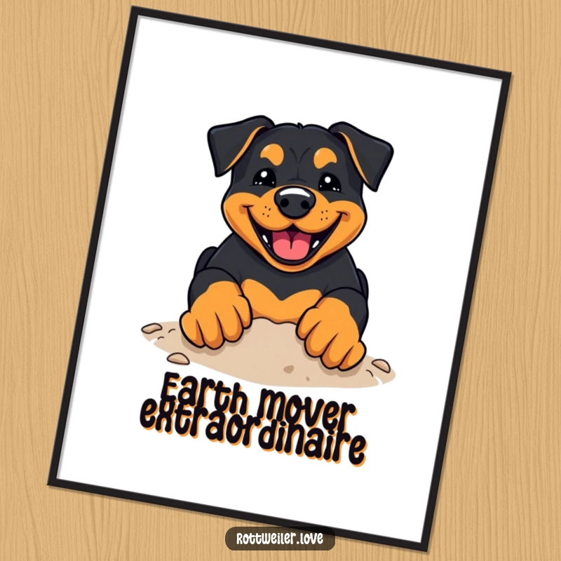 Funny Rottweiler Digital Art Print of a kawaii rottweiler with a happy grin, digging enthusiastically with its paws, adding digital cheer.