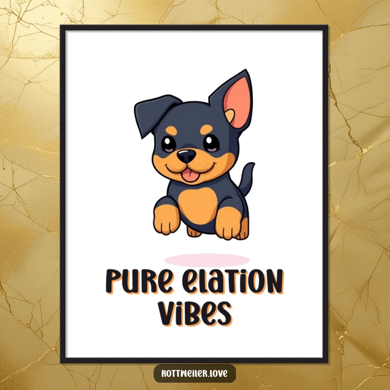 Funny Rottweiler Digital Art Print of a kawaii rottweiler with large ears joyfully jumping, tail wagging, adding digital cheer.