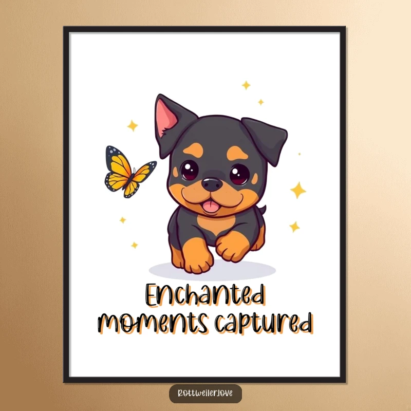 Funny Rottweiler Digital Art Print of a kawaii rottweiler sparkling and chasing a butterfly, adding digital enchantment.