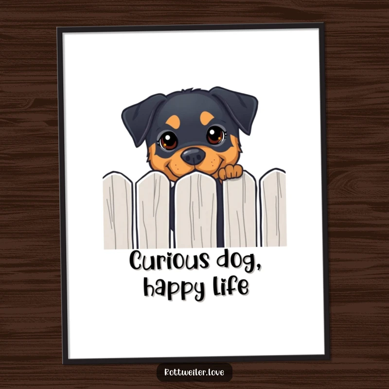 Funny Rottweiler digital art print of a dog peeking over a fence with curious eyes, ideal for instant decor.