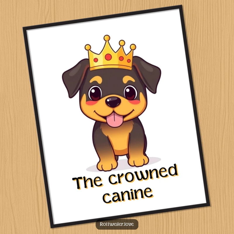 Funny royal rottweiler digital art print of a proud dog wearing a tiny crown, bringing majestic humor to any room.