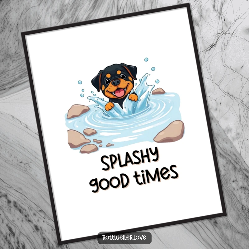 Funny Rottweiler Digital Art Print of a dog playfully splashing in a clear, cool stream, capturing a moment of pure doggy delight.