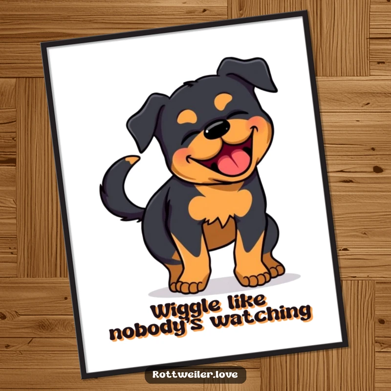 Funny Rottweiler Digital Art: High-quality funny artwork of a Rottweiler wiggling with joy, tail wagging enthusiastically.