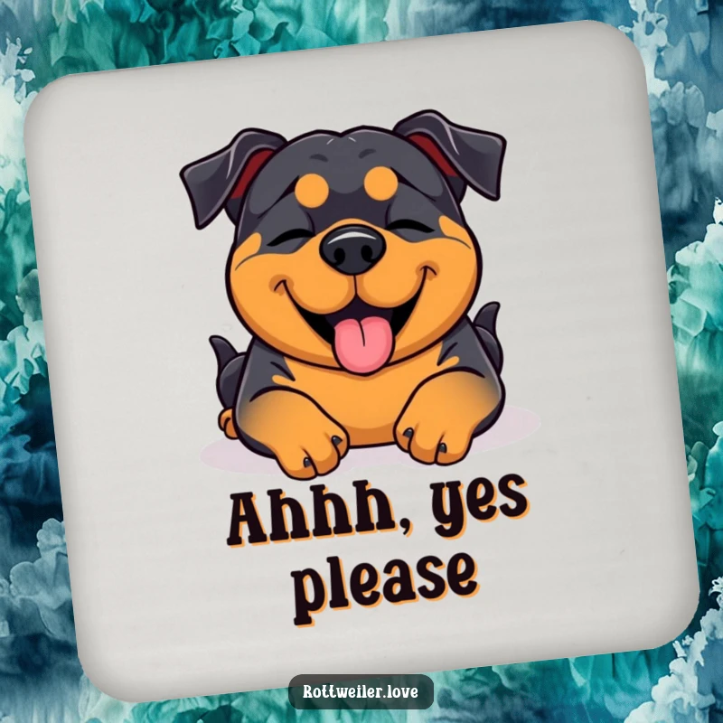 Funny Rottweiler coaster showing a blissful belly rub with closed eyes, protecting surfaces with happiness.