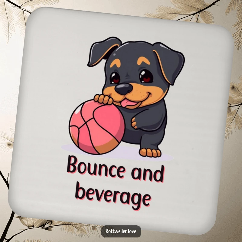 Funny Rottweiler drink coasters featuring a dog playfully nudging a large, bouncy ball, protecting surfaces with energetic canine charm and humor.