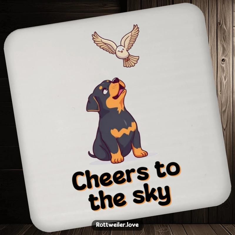 Funny Rottweiler Drink Coaster featuring a dog looking up with enthusiasm at a soaring bird, adding a touch of wonder.