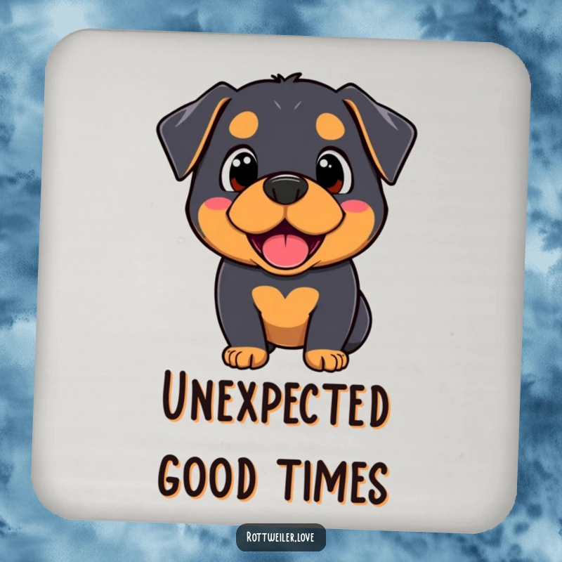 Funny Kawaii Rottweiler coaster featuring a dog’s surprised yet happy expression, perfect for adding a touch of humor to any surface.