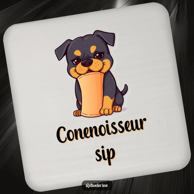 Funny Rottweiler Coaster: A Rottweiler with a goofy expression balances a cone, guarding your tabletop.