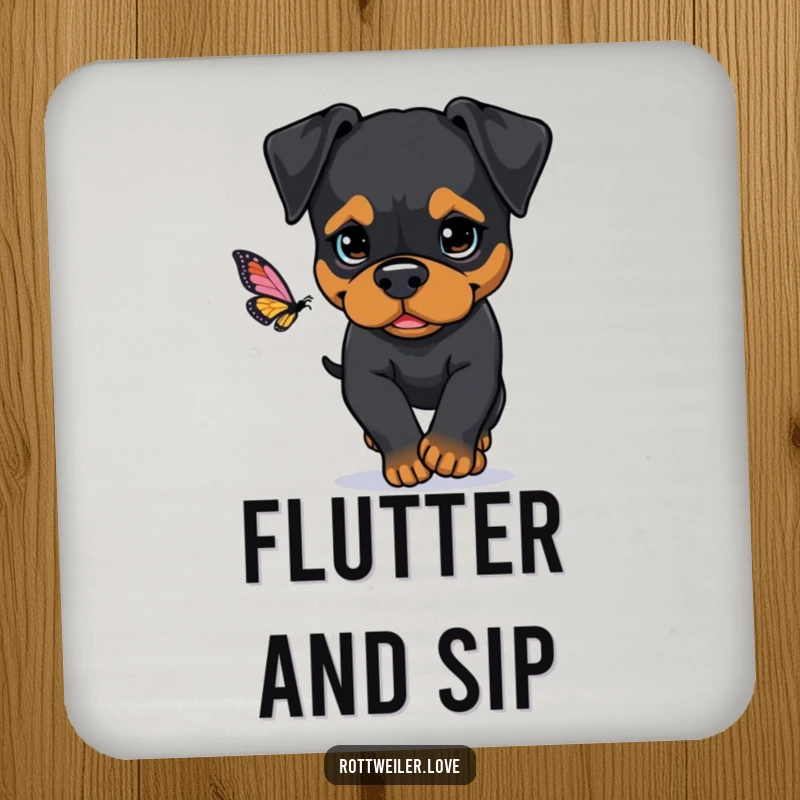 Funny Rottweiler drink coasters featuring a determined dog chasing a butterfly, protecting surfaces with focused canine charm and humor.