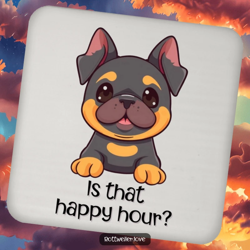 Funny Kawaii Rottweiler coaster depicting a dog with ears perked, looking towards something fun, perfect for protecting tables.