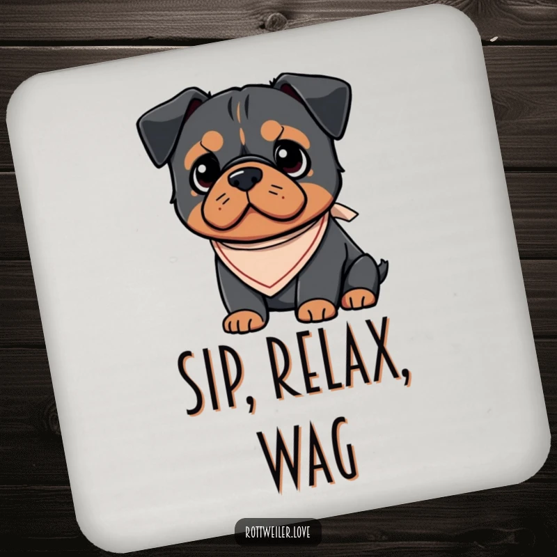 Funny Kawaii Rottweiler coaster featuring a charming dog wearing a small, cute bandana, protecting surfaces with adorable style.