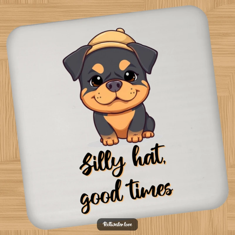 Funny kawaii rottweiler coaster with a silly dog face and a tiny hat, protecting surfaces with humor and charm.