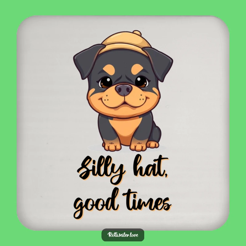 Funny Kawaii Rottweiler Coaster: Silly Dog, Tiny Hat Drink Protection!