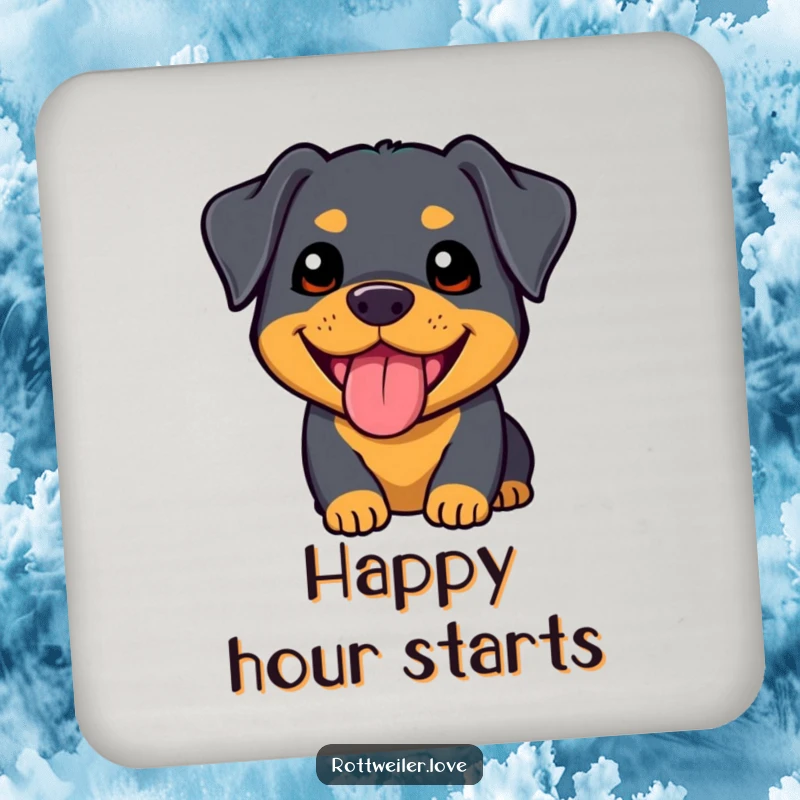 Funny kawaii rottweiler drink coasters featuring an adorable dog with a happy panting expression, protecting tables with cuteness.