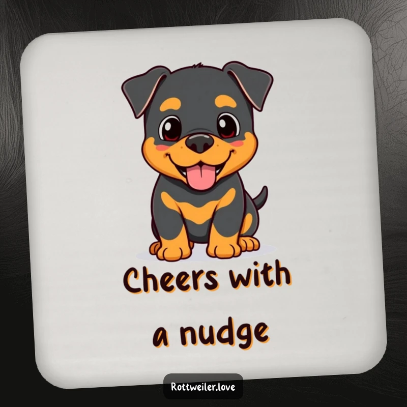 Funny Kawaii Rottweiler coaster depicting a happy dog offering a gentle, affectionate head nudge, perfect for protecting surfaces.
