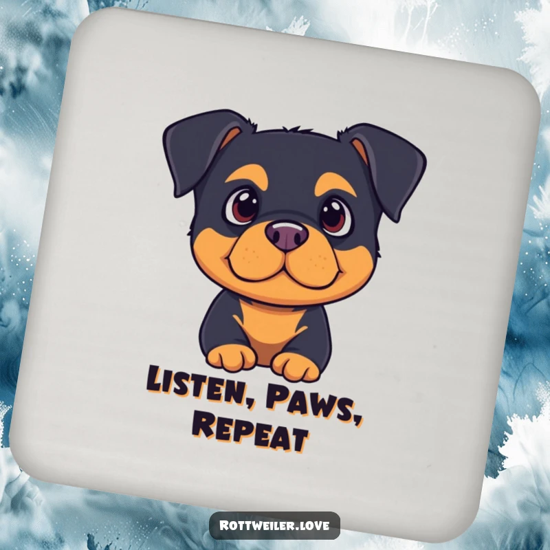 Cute rottweiler with ears perked, listening intently on humorous coasters, adding attentive charm to your space.