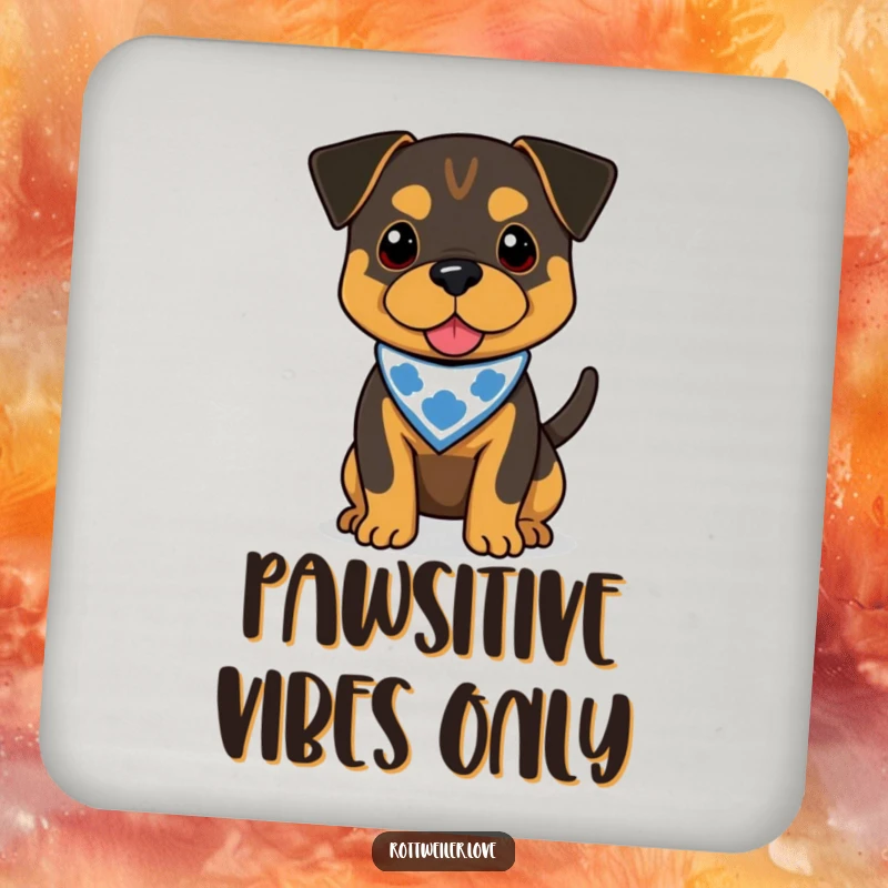 Funny Rottweiler coaster set showing a dog in a bandana with a wagging tail, protecting surfaces with humor.