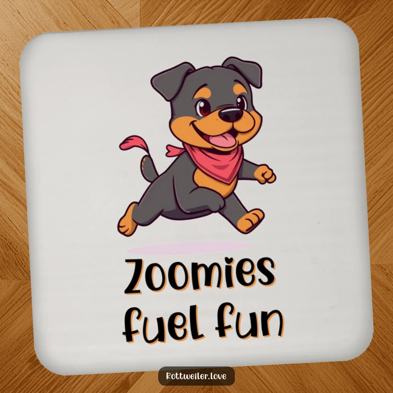 Funny Rottweiler coaster set with a cool Rottweiler wearing a small bandana, ready for action. Protects surfaces with humor. Cork-backed.