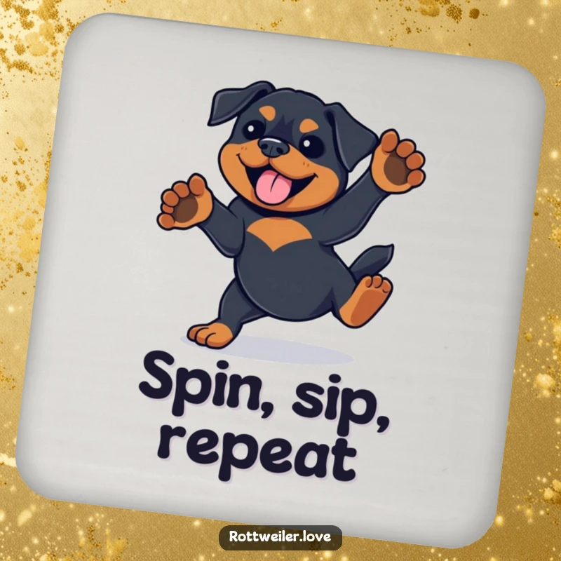 Funny Rottweiler coaster showing a playful spin with paws in the air, protecting surfaces stylishly.