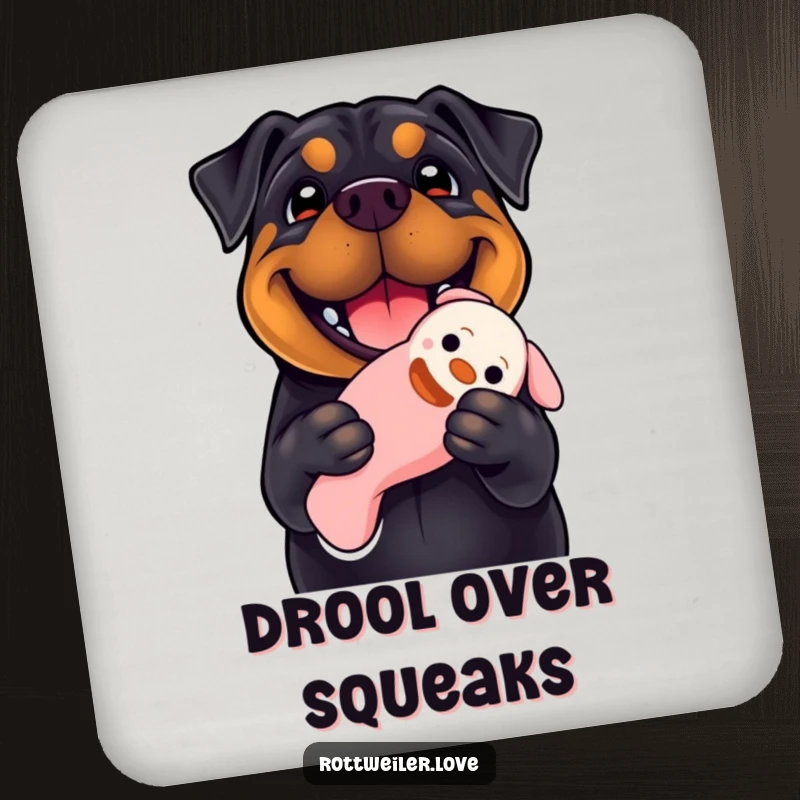 Funny Rottweiler coaster featuring a dog with a huge smile holding a floppy squeaky toy, adding humor and protection to drink surfaces.