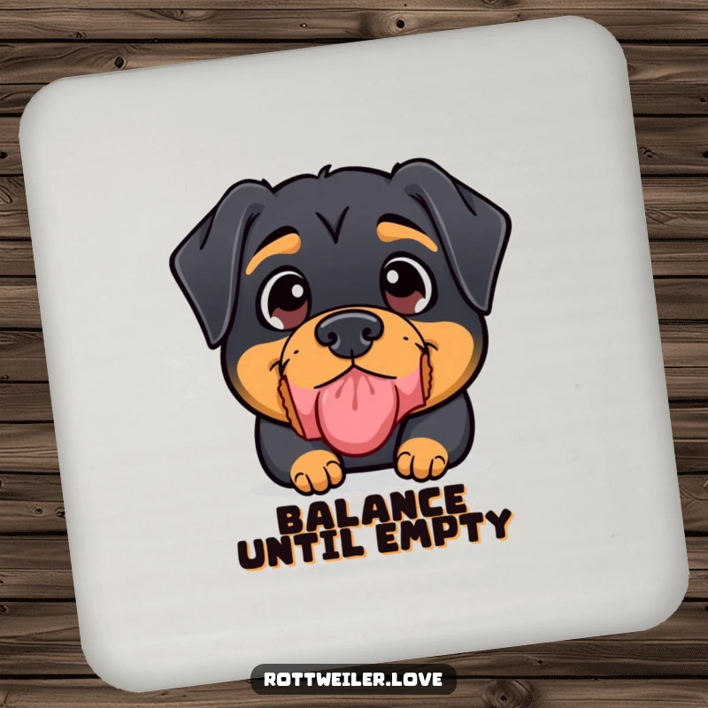 Funny Rottweiler Coaster featuring a kawaii rottweiler with wide eyes focused on balancing a treat on its nose, protecting surfaces.
