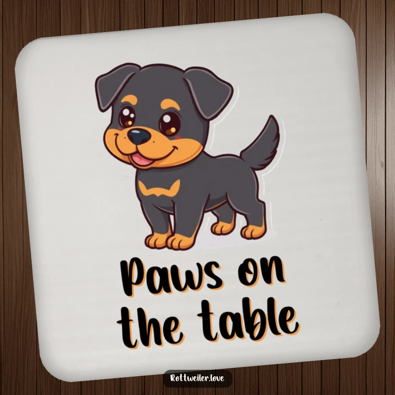 Funny Rottweiler Drink Coaster featuring a dog with a wagging tail, preventing drink rings with canine charm.