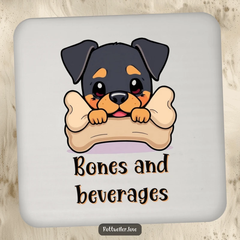 Funny Rottweiler Drink Coaster featuring a dog peeking from behind a bone, protecting surfaces with humor.