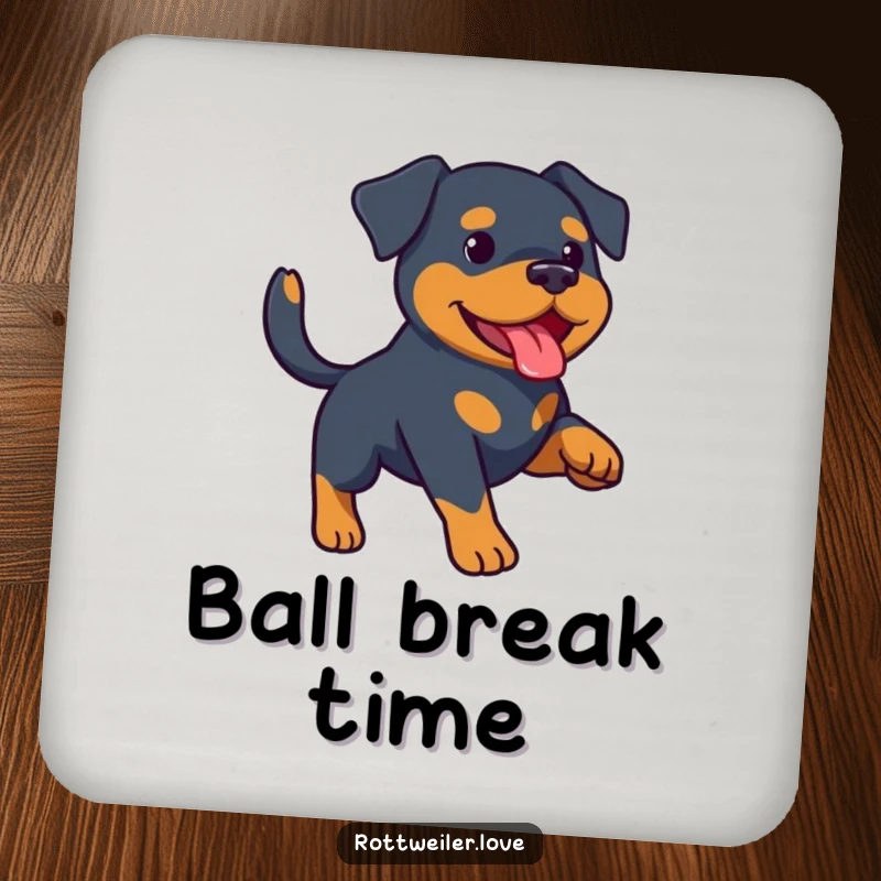 Funny Rottweiler coaster set featuring a Rottweiler ready to fetch a toy, protecting surfaces with humor. Cork-backed for stability.