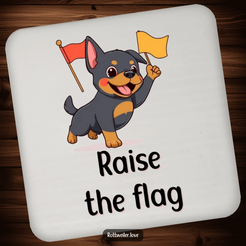 Funny Rottweiler coaster depicting an energetic dog waving a small flag, adding spirited humor to drink protection.